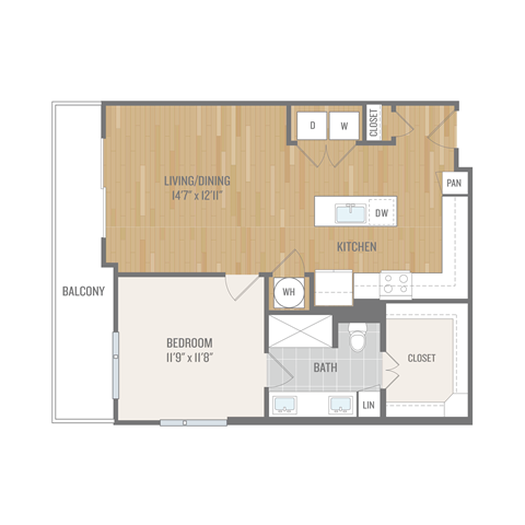 Floor plan for 1 bed, 1 bath, 783 sqft